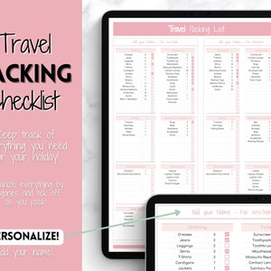 May include: A pink and white printable travel packing checklist with a section for clothing, toiletries, and other essentials. The checklist includes a section for adding your name and a section for ticking off items as you pack.