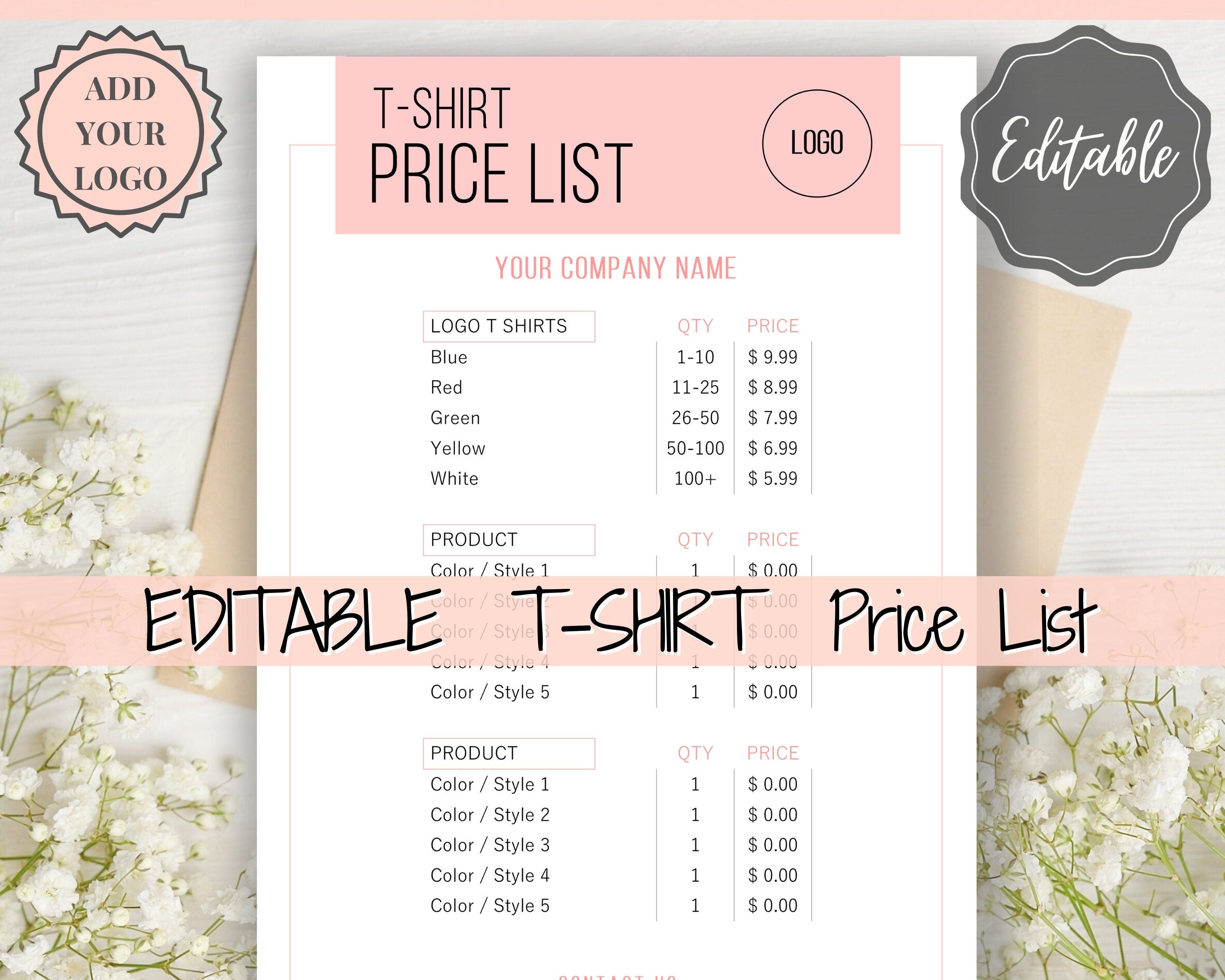 Tshirt PRICE LIST Template Editable. Printable Price Sheet Etsy Tshirt PRICE LIST Template Editable. Printable Price Sheet Etsy