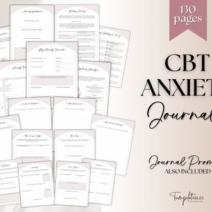 CBT Anxiety Journal, Anxiety Worksheets, 130 pg Anxiety Relief Workbook with 70+ Prompts, Therapy Notebook, Mental Health Wellness Printable