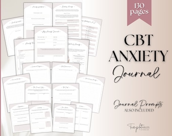 CBT Anxiety Journal, Anxiety Worksheets, 130 pg Anxiety Relief Workbook with 70+ Prompts, Therapy Notebook, Mental Health Wellness Printable