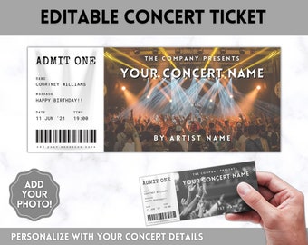 Concert Ticket Template, EDITABLE Surprise Getaway gift, Invitation, Christmas, Mom, Anniversary Gift for him, Musical Event, Theatre Show