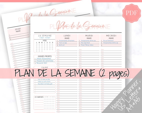 FRENCH Weekly Planner Printable, Français, Hourly Planner, Plan De