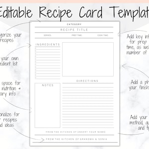 Puede incluir: Una plantilla de tarjeta de receta imprimible con l&iacute;neas en blanco para escribir los ingredientes, las instrucciones, las notas y otra informaci&oacute;n. La plantilla incluye espacios para el t&iacute;tulo de la receta, la categor&iacute;a, el tiempo de preparaci&oacute;n, el tiempo de cocci&oacute;n y el n&uacute;mero de porciones. El texto "De la cocina de [Inserte su nombre]" y "De la cocina de la abuela y Sonia" se encuentra en la parte inferior de la plantilla.