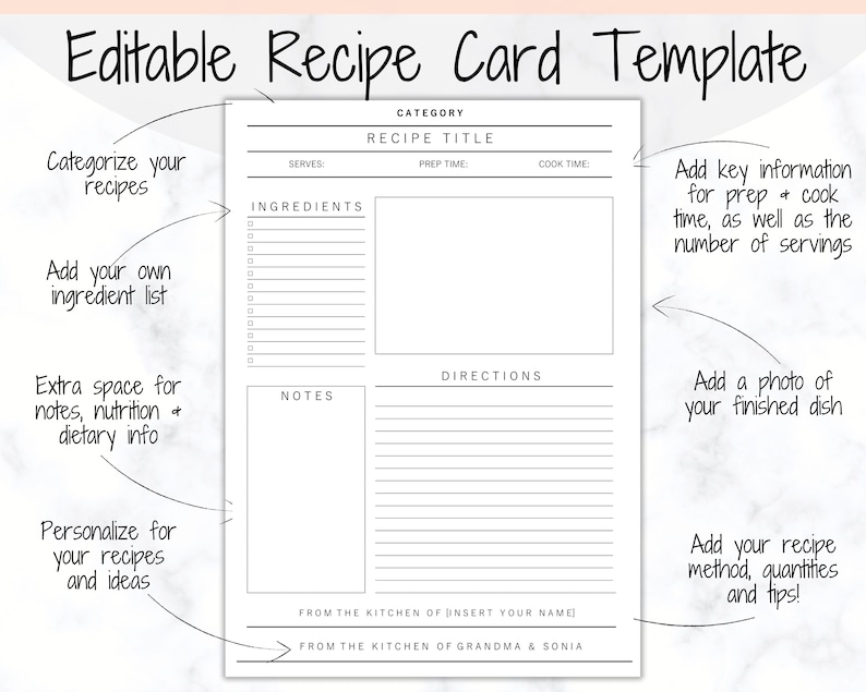Puede incluir: Una plantilla de tarjeta de receta imprimible con l&iacute;neas en blanco para escribir los ingredientes, las instrucciones, las notas y otra informaci&oacute;n. La plantilla incluye espacios para el t&iacute;tulo de la receta, la categor&iacute;a, el tiempo de preparaci&oacute;n, el tiempo de cocci&oacute;n y el n&uacute;mero de porciones. El texto "De la cocina de [Inserte su nombre]" y "De la cocina de la abuela y Sonia" se encuentra en la parte inferior de la plantilla.
