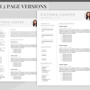 May include: A black and white resume template with the name Victoria Cooper at the top. The resume includes sections for contact information, education, skills, expertise, interests, work experience, awards and certifications, languages, and references.