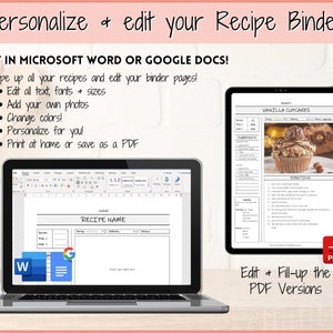 Puede incluir: Una imagen digital que muestra una pantalla de computadora que muestra un documento de Microsoft Word con una plantilla de receta. El documento se titula "RECIPE NAME". La imagen tambi&eacute;n muestra una tableta que muestra una receta de cupcakes de vainilla. El texto en la tableta dice "VANILLA CUPCAKES". El texto debajo de las im&aacute;genes dice "&iexcl;Edita en Microsoft Word o Google Docs!" y "Edita y completa las versiones PDF".