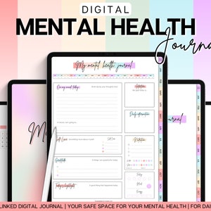 May include: A digital mental health journal with a pastel color scheme. The journal includes sections for daily affirmations, gratitude, self-love, and nutrition. The journal also includes a calendar and a mood tracker.