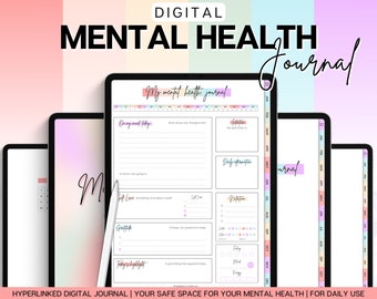 Digital Mental Health Journal, Self Care Digital Planner, Therapy, Anxiety, Gratitude, Mood Tracker, Digital Journal Prompts, GoodNotes iPad