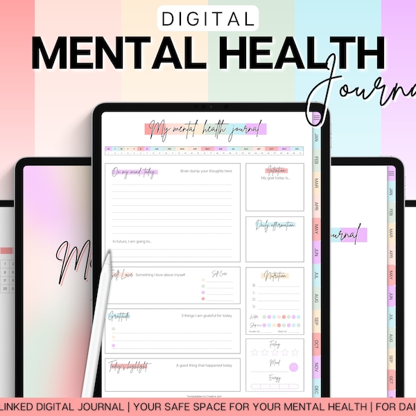 Digital Mental Health Journal, Self Care Digital Planner, Therapy, Anxiety, Gratitude, Mood Tracker, Digital Journal Prompts, GoodNotes iPad