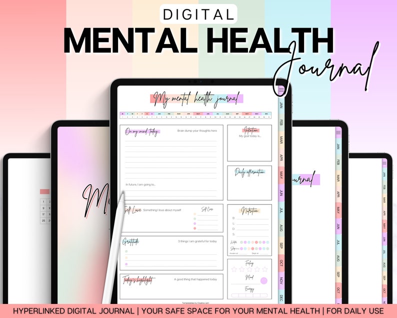 Digital Mental Health Journal, Self Care Digital Planner, Therapy, Anxiety, Gratitude, Mood Tracker, Digital Journal Prompts, GoodNotes iPad