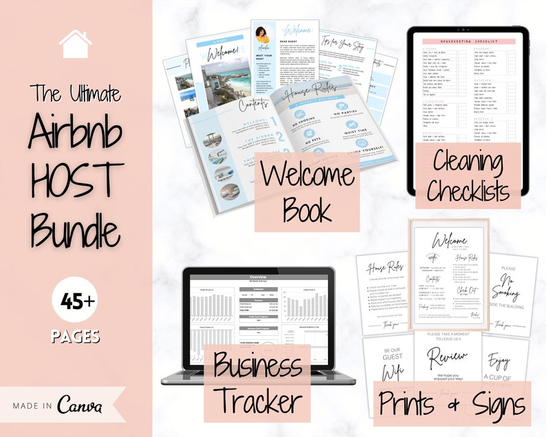 Peut inclure: Un pack marketing num&eacute;rique pour les h&ocirc;tes Airbnb, comprenant un livre de bienvenue, des listes de contr&ocirc;le de nettoyage, un outil de suivi des affaires et des panneaux imprimables. Le pack comprend plus de 45 pages de contenu et est r&eacute;alis&eacute; avec Canva.