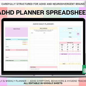 ADHD Digital Planner, Daily Planner Spreadsheet, Neurodivergent, Brain Dump Template, To Do List, Cleaning, Symptom Tracker, Google Sheets