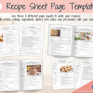 Puede incluir: Ocho plantillas de p&aacute;gina de receta imprimibles en blanco y negro. Cada p&aacute;gina tiene un dise&ntilde;o diferente e incluye espacio para una foto, el t&iacute;tulo de la receta, los ingredientes, las instrucciones, las notas y la informaci&oacute;n diet&eacute;tica. El texto "EDIT IN" se muestra en azul con iconos para Microsoft Word y Google Docs.