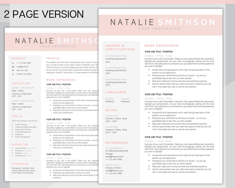K&ouml;nnte beinhalten: Eine rosa und graue Lebenslaufvorlage mit dem Namen Natalie Smithson oben. Der Lebenslauf enth&auml;lt Abschnitte f&uuml;r Kontaktinformationen, Profil, Ausbildung, F&auml;higkeiten, Expertise, Interessen, Auszeichnungen und Zertifizierungen, Berufserfahrung, Sprachen und Extras.