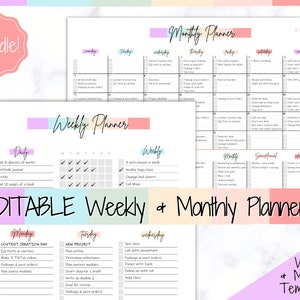 Colorful Weekly & Monthly Planners, EDITABLE Weekly Planner Printable, To Do List, Teacher, Student, Business Template, Schedule, Checklist