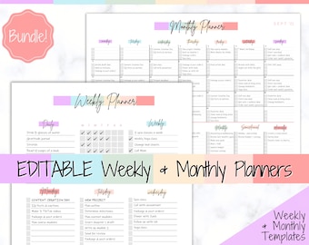 Colorful Weekly & Monthly Planners, EDITABLE Weekly Planner Printable, To Do List, Teacher, Student, Business Template, Schedule, Checklist