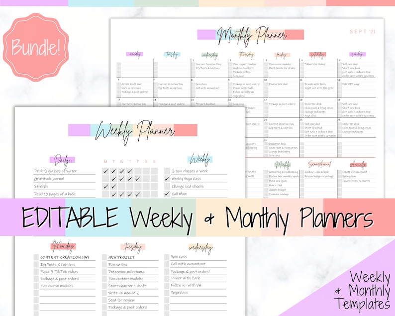 Colorful Weekly & Monthly Planners EDITABLE Weekly Planner Etsy