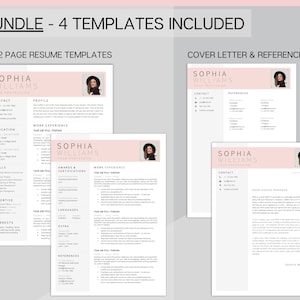 May include: A bundle of four resume and cover letter templates in a pink and white color scheme. The templates include a one-page resume, a two-page resume, a cover letter, and a references page. The templates feature a professional and modern design with a minimalist aesthetic.