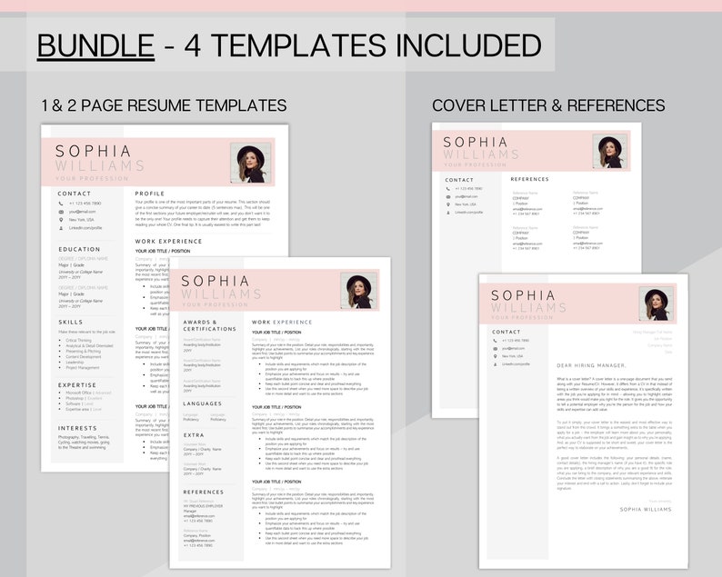 May include: A bundle of four resume and cover letter templates in a pink and white color scheme. The templates include a one-page resume, a two-page resume, a cover letter, and a references page. The templates feature a professional and modern design with a minimalist aesthetic.