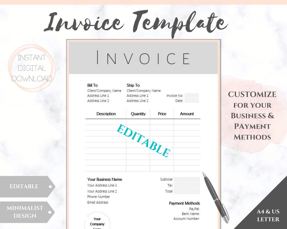 INVOICE TEMPLATE Order Form, EDITABLE Custom Receipt Template ...