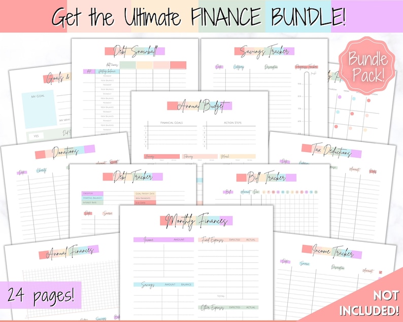 May include: A printable finance bundle with 24 pages, including a debt snowball tracker, savings tracker, annual budget, donations tracker, debt tracker, monthly finances, bill tracker, tax deductions, and income tracker. The pages are designed with pastel colors and grid lines.