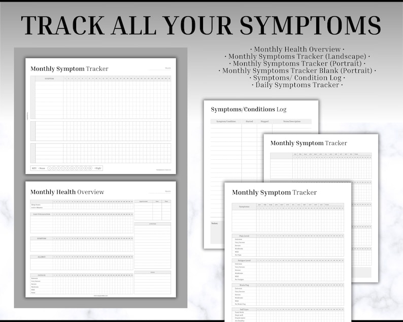 K&ouml;nnte beinhalten: Druckbare schwarz-wei&szlig;e monatliche Symptom-Tracker-Vorlagen. Die Vorlagen umfassen einen Gesundheits&uuml;berblick, ein Symptom-Protokoll und einen t&auml;glichen Symptom-Tracker.