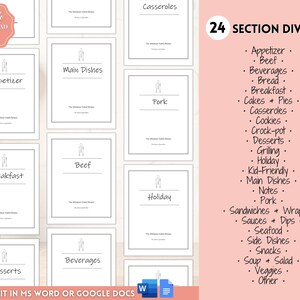 Puede incluir: Divisores de recetas imprimibles con 24 categor&iacute;as diferentes para organizar las recetas. Los divisores son en blanco y negro con un dise&ntilde;o simple e incluyen un icono de tenedor y cuchillo. El texto "24 Section Dividers" est&aacute; en un c&iacute;rculo con un fondo rosa.