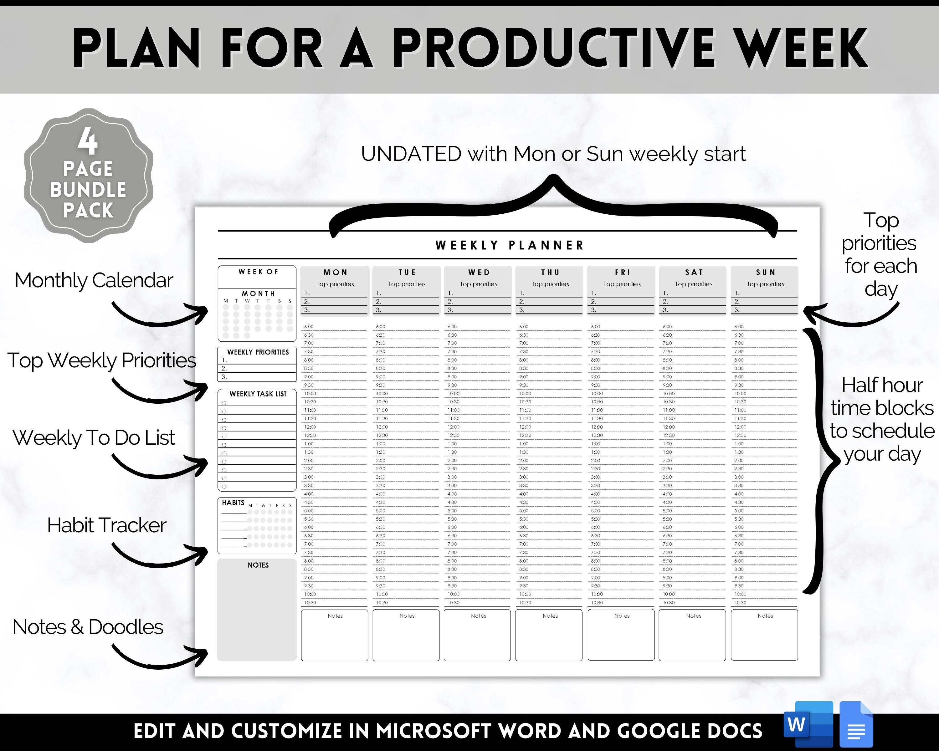 EDITABLE Weekly Planner Printable, Daily Hourly Planner, Weekly ...
