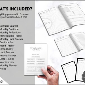 K&ouml;nnte beinhalten: Ein schwarz-wei&szlig;er druckbarer Wellness-Planer mit einer Liste von 14 Seiten und dem Titel "My Wellness Planner". Der Planer enth&auml;lt Abschnitte f&uuml;r monatliche Seiten, Schlaf-Tracker, monatliche Reflexionen, Selbstpflege-Tagebuch, Dankbarkeitssonne, Stimmungs-Tracker, Gewohnheits-Tracker, Angst-Tracker, Schlaf-Tracker, Menstruations-Tracker, Jahr in Pixeln und Monats-Planer.