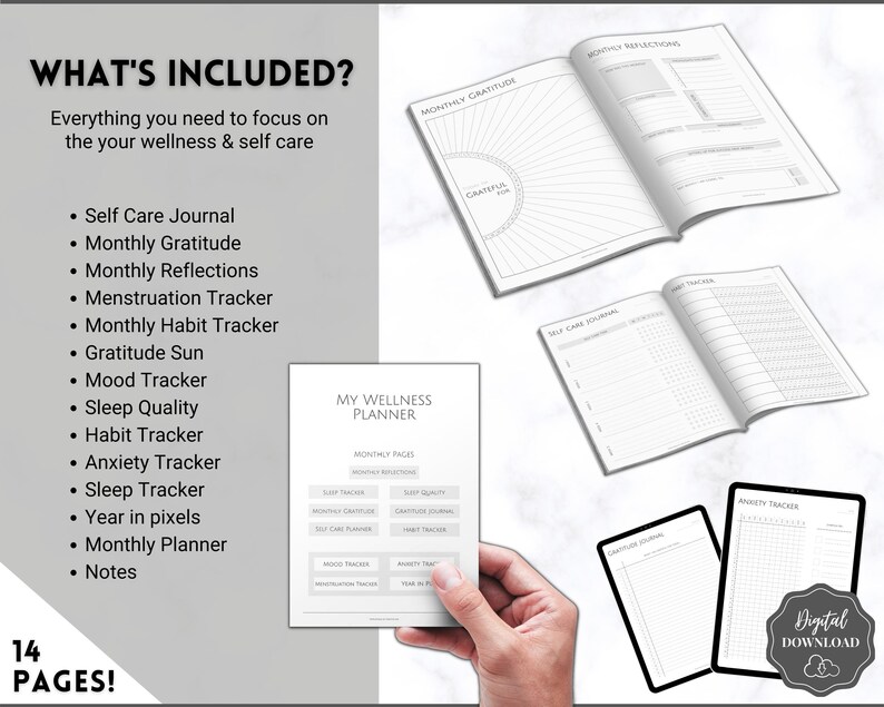 K&ouml;nnte beinhalten: Ein schwarz-wei&szlig;er druckbarer Wellness-Planer mit einer Liste von 14 Seiten und dem Titel "My Wellness Planner". Der Planer enth&auml;lt Abschnitte f&uuml;r monatliche Seiten, Schlaf-Tracker, monatliche Reflexionen, Selbstpflege-Tagebuch, Dankbarkeitssonne, Stimmungs-Tracker, Gewohnheits-Tracker, Angst-Tracker, Schlaf-Tracker, Menstruations-Tracker, Jahr in Pixeln und Monats-Planer.