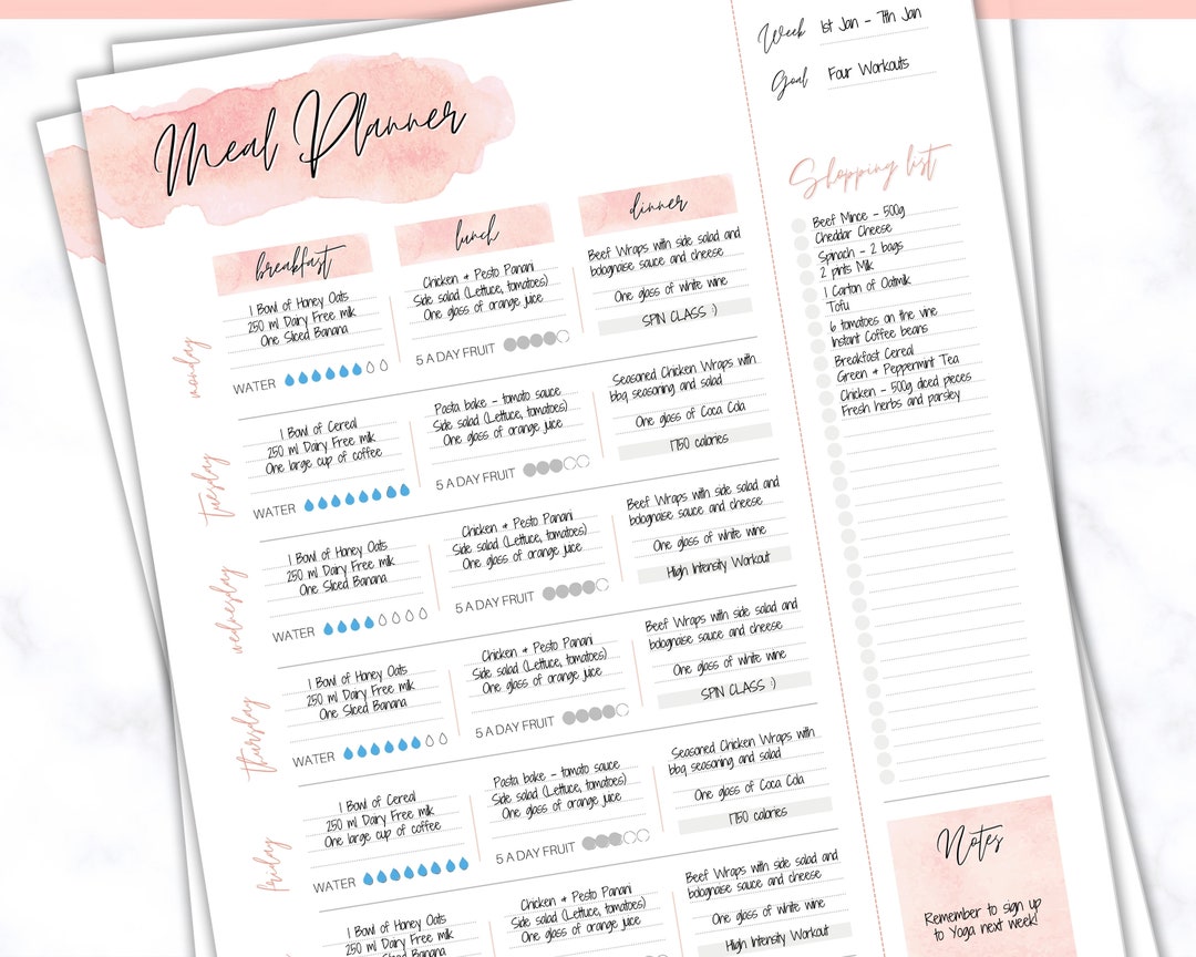 FOOD DIARY Weekly Meal Planner Printable Meal Tracker Food - Etsy UK