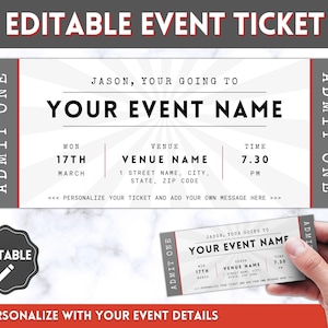 Event Ticket Template, EDITABLE DIY Event Printable, Surprise Getaway, Invitation, Christmas, Gift for him, Musical, Theatre Show, Concert