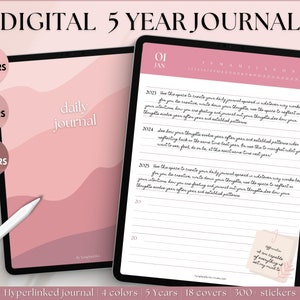 5 year Journal, Digital Daily Journal, GoodNotes iPad Notebook, Hyperlinked Digital 365 Diary, Stickers & Covers, Minimalist, One line a day