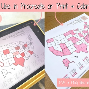 May include: A printable US state sales map template with a pink color scheme. The map is divided into states with a black outline. The map is labeled with the state abbreviations. The text "TEMPLATABLES US State Sales Map" is at the top of the page. The text "PDF & PNG files included" is at the bottom of the page.