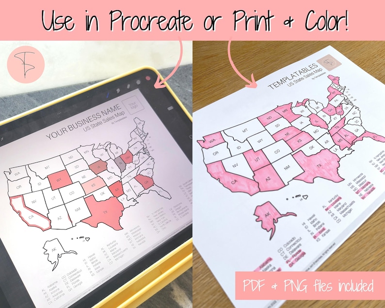 May include: A printable US state sales map template with a pink color scheme. The map is divided into states with a black outline. The map is labeled with the state abbreviations. The text "TEMPLATABLES US State Sales Map" is at the top of the page. The text "PDF & PNG files included" is at the bottom of the page.