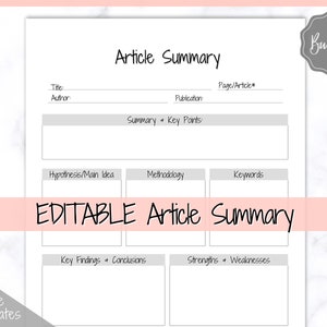 Article Summary Sheet, Student Planner, Student Printable, Research Paper, Dissertation, Journal, Project Planner, Study, College, Essay