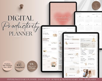 May include: Digital productivity planner with over 100 templates, 30,000 links across 1,200 pages, and a pink and beige color scheme. The planner is dated from June 2024 to December 2025. The image shows a weekly planner, a daily planner, and a calendar.