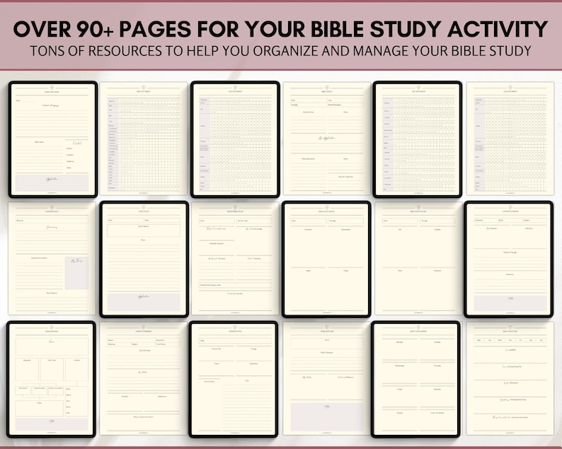 May include: A digital planner with over 90 pages for Bible study. The planner has a cream background with black lines and text. The text on the cover reads "Over 90+ Pages for Your Bible Study Activity" and "Tons of Resources to Help You Organize and Manage Your Bible Study."