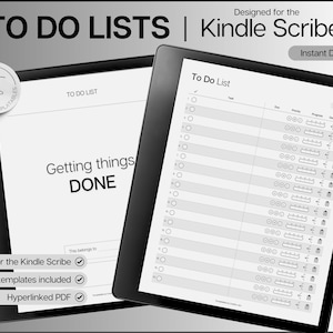 Op de afbeelding: Een zwart-wit afbeelding van een Kindle Scribe tablet waarop een to-dolijst sjabloon wordt weergegeven. Het sjabloon heeft selectievakjes, taakvelden, vervaldagen, prioriteitsniveaus, voortgangsbalken en detailsecties. De tekst "To Do List" staat bovenaan het sjabloon. De afbeelding bevat ook tekst die "Designed for the Kindle Scribe" en "Instant Download" luidt.
