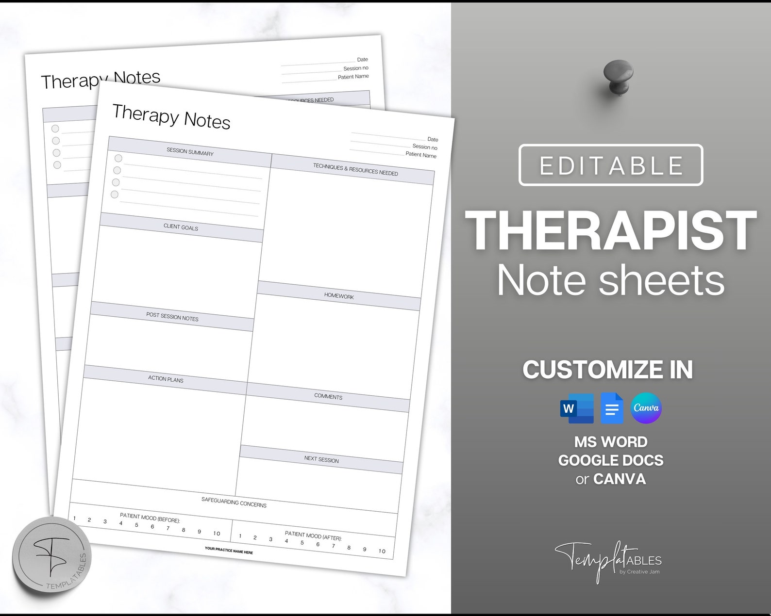Therapist Notes, EDITABLE Therapy Note Sheet, Therapist Progress Notes ...