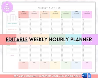 May include: Editable weekly hourly planner template with a pink, orange, yellow, green, blue, and light purple color scheme. The planner includes sections for top priorities, weekly tasks, habits, and notes. The planner is designed to be used in Microsoft Word and Google Docs.