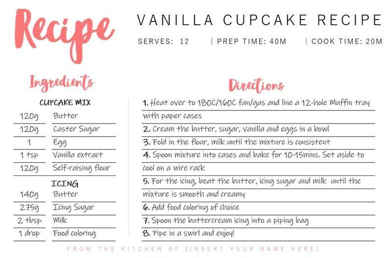 May include: A printable vanilla cupcake recipe card with instructions and ingredients listed in a table. The recipe serves 12 cupcakes and has a prep time of 40 minutes and a cook time of 20 minutes.
