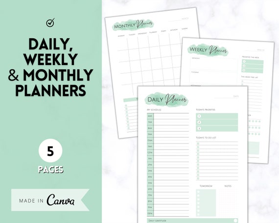 Green Monthly and Weekly Calendar Planner Pages - Printable