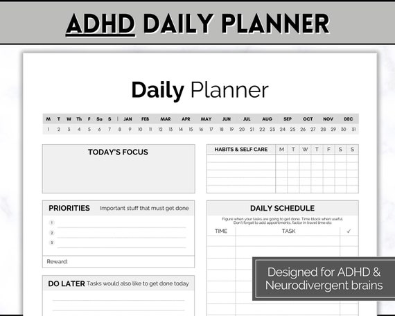 ADHD Daily Planner for Adults, Neurodivergent, Brain Dump Template, cleaning, student, digital life daily planner, to do list printable