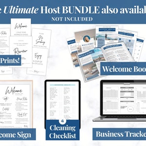 May include: A collection of digital printables for hosting, including welcome signs, house rules, a welcome book, a cleaning checklist, and a business tracker. The text "The Ultimate Host Bundle" is at the top.