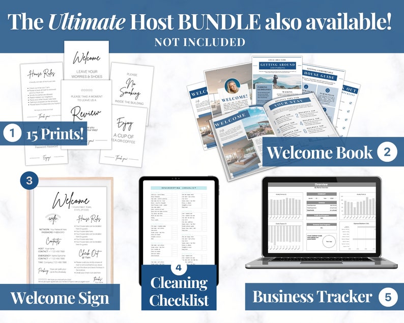 May include: A collection of digital printables for hosting, including welcome signs, house rules, a welcome book, a cleaning checklist, and a business tracker. The text "The Ultimate Host Bundle" is at the top.