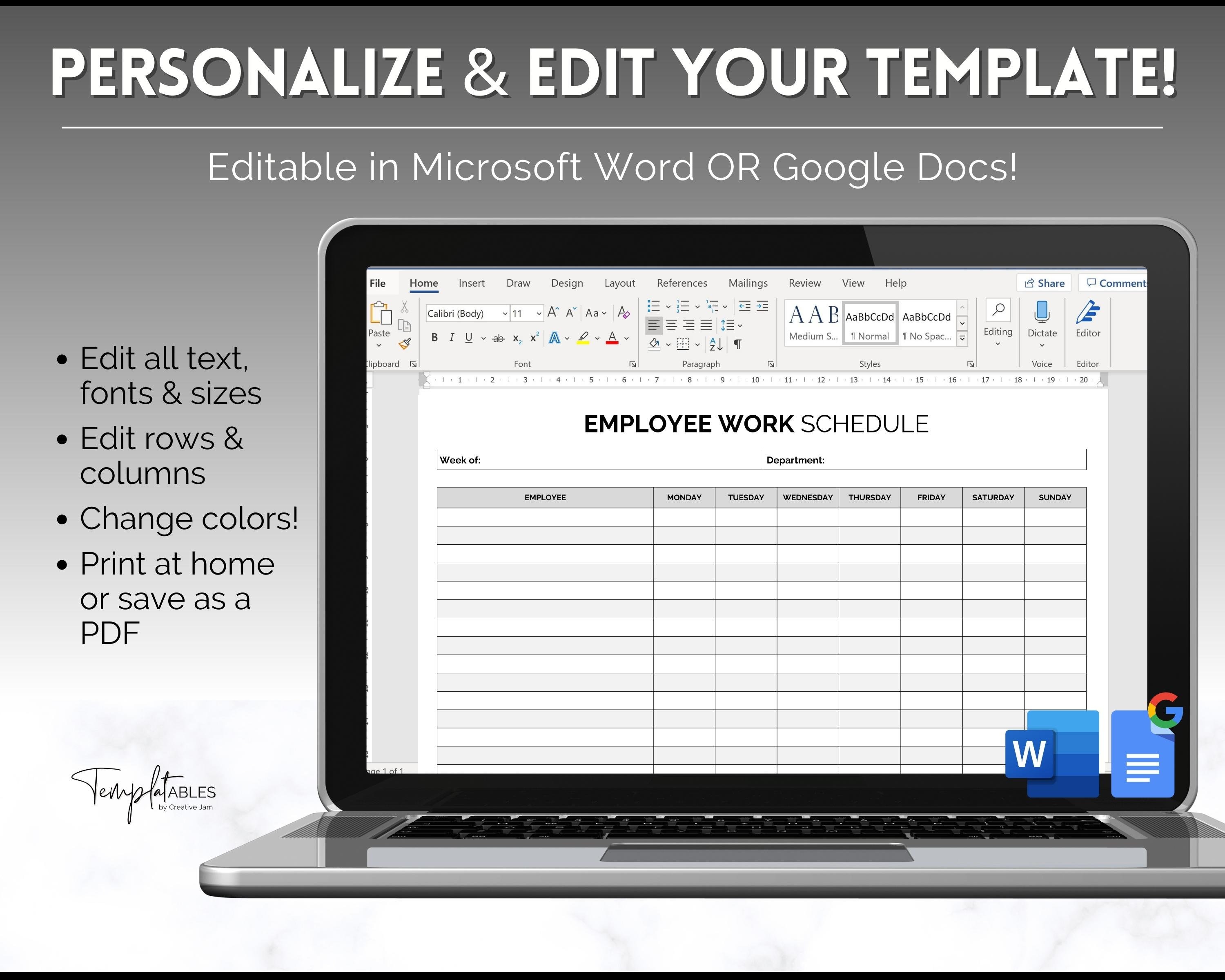 Work Time Table Layout Employee Work Schedule, EDITABLE Employee Time Sheet Template, Weekly ...