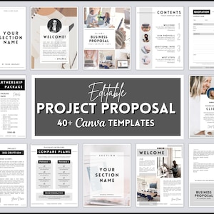 Könnte beinhalten: Ein Satz von über 40 editierbaren Canva-Vorlagen für Projektvorschläge. Die Vorlagen zeichnen sich durch ein modernes, minimalistisches Design mit schwarzem und weißem Text auf grauem Hintergrund aus. Die Vorlagen umfassen Abschnitte für eine Willkommensnachricht, eine Projektbeschreibung, einen Vergleich von Plänen und mehr.