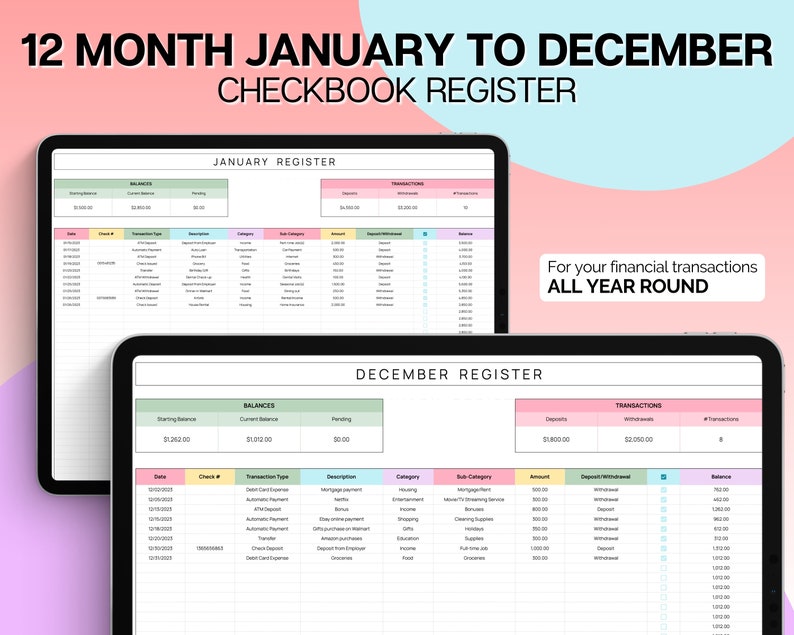 Checkbook Tracking Checkbook Register Spreadsheet, Google Sheets Check Register, Bill ...