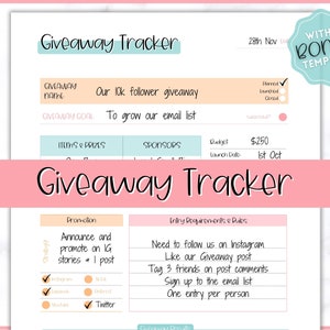 Giveaway Template, Social Media Planner, Printable Giveaway Tracker, Flyer, Contest, Small Business Plan, Blog, Influencer Marketing Content